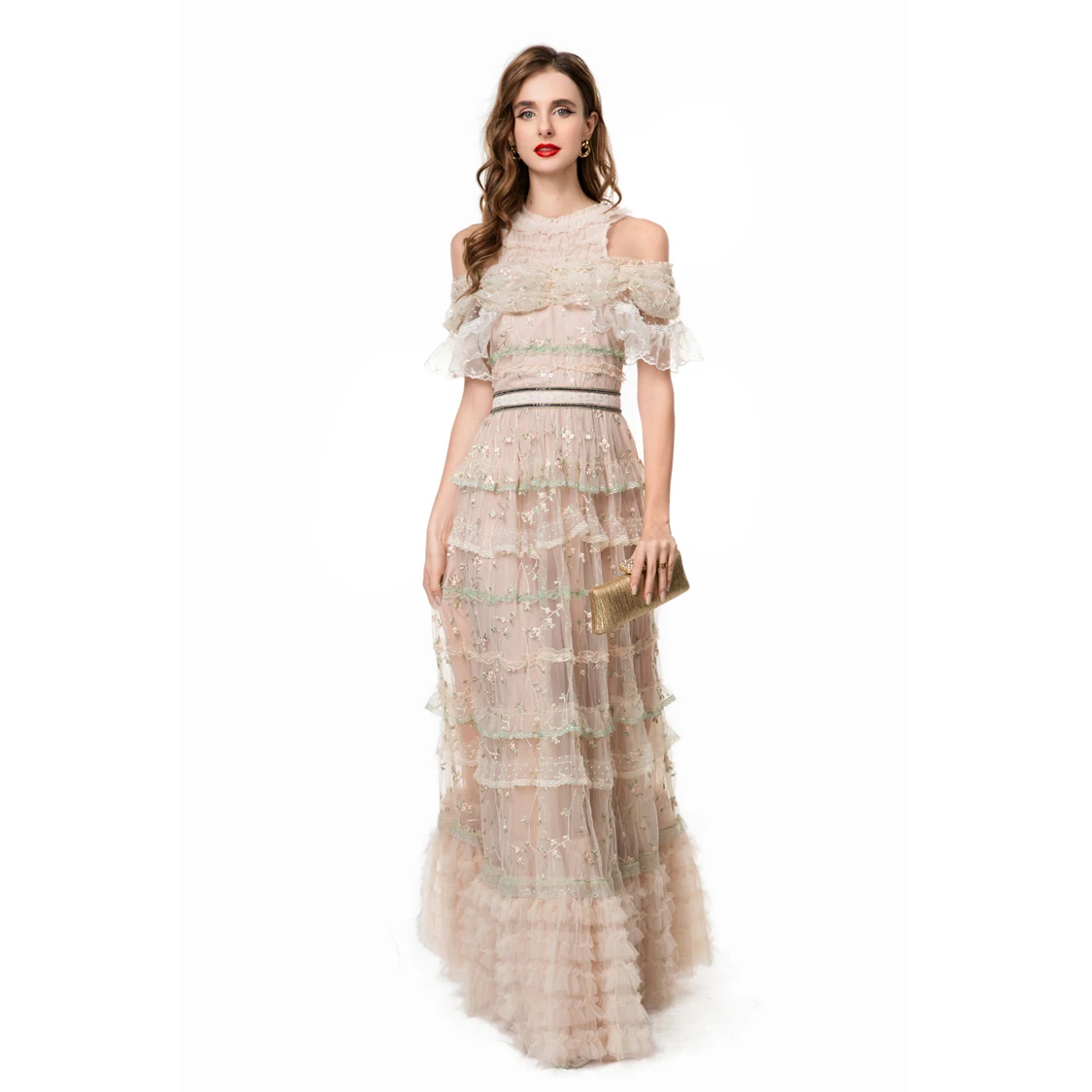 Vestidos femininos o pescoço mangas curtas sexy fora do ombro bordado em camadas babados elegante designer vestido de noite baile tamanho s4x