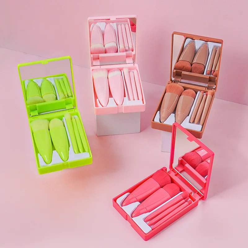 Portable Makeup Mirror With 5 Pcs Makeup Brushes Magnifying Glass Hand Hold Pocket Foldable Makeup