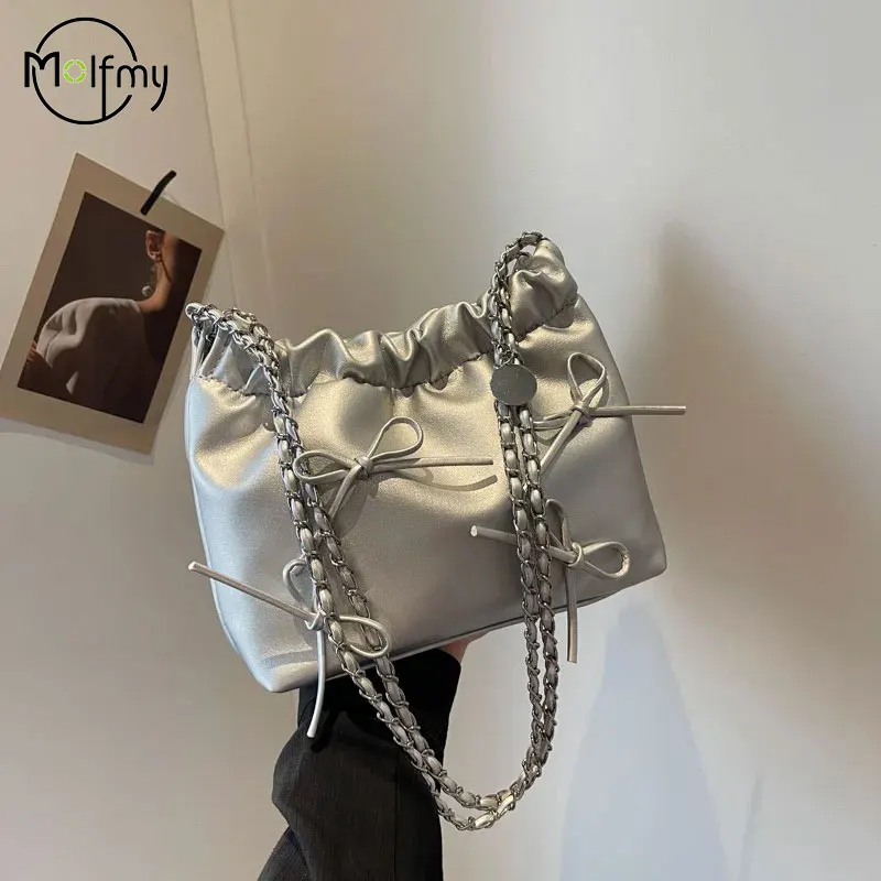 Crossbody Women's Bag Luxury Designer Cute Small Bow Tie Shoulder Bags for Women Y2K Handbag Leather Tote Bag Party Purses Bolsa