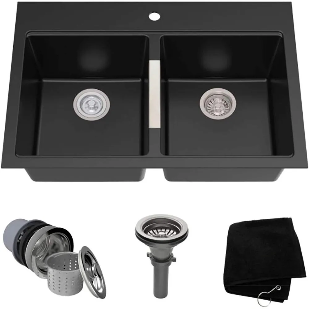 Insert/bottom double bowl granite kitchen sink , black , clean lines , the perfect combination of modern and traditional style