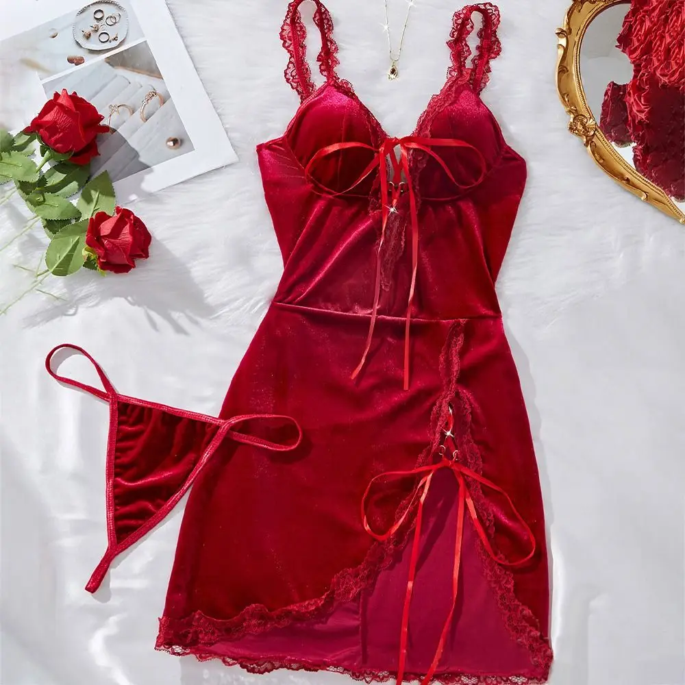 

Homewear with thong Suspender Nightdress Lace Bow Fork Design Slim Sling Nightgown Split Sleeveless Women's Pajama Dress Party