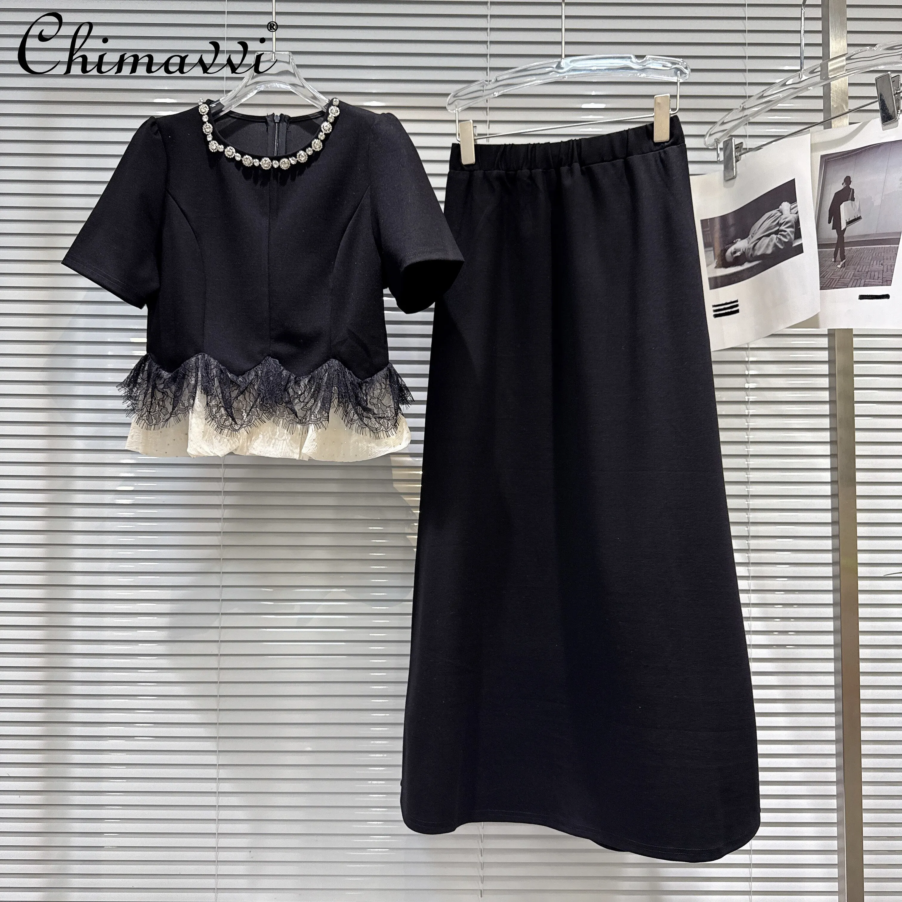 

2026 Summer French Elegant Socialite Rhinestone Lace Splicing Short Sleeve Top High Waist A-line Long Skirt Two-piece Sets Women