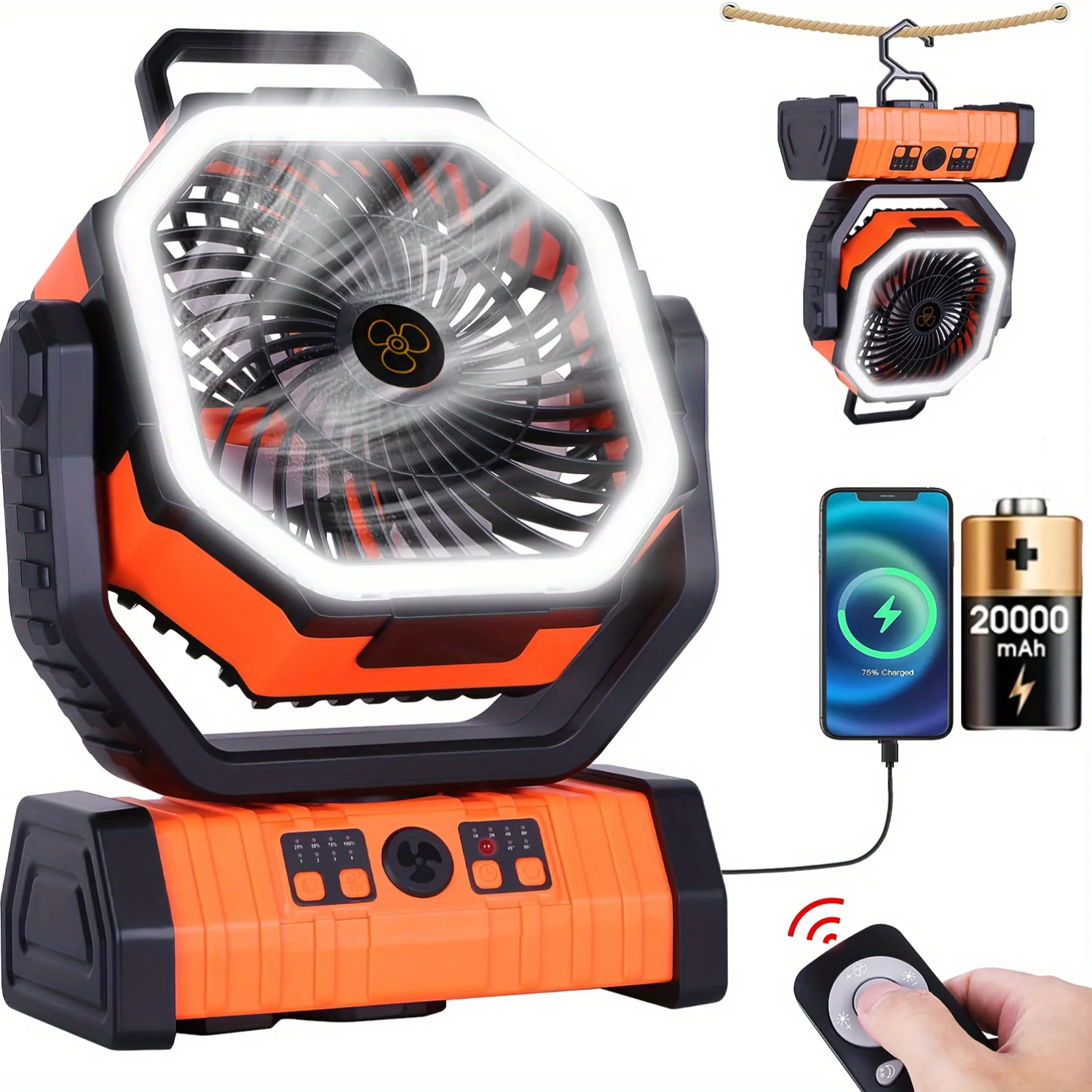 Outdoor Camping Fan com luz LED, Tent Light portátil e brilhante para caminhadas e pesca, 1pc
