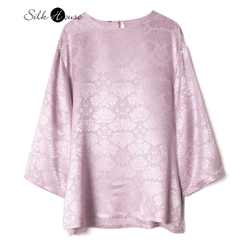 Women's Casual Autumn New 100% Natural Mulberry Silk Purple Lotus Jacquard Versatile Temperament Round Neck Long Sleeve T-shirt