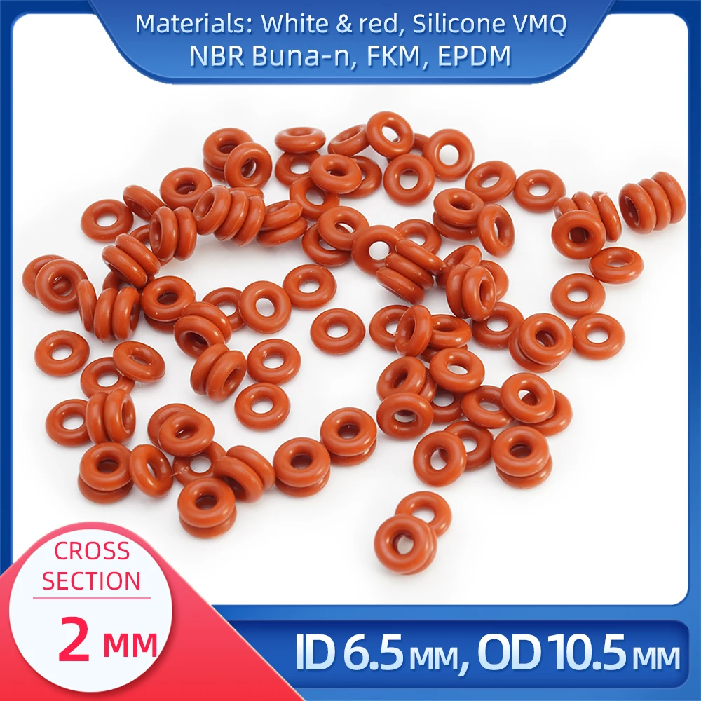 

O Ring CS 2 mm ID 6.5 mm OD 10.5 mm Material With Silicone VMQ NBR FKM EPDM ORing Seal Gaske