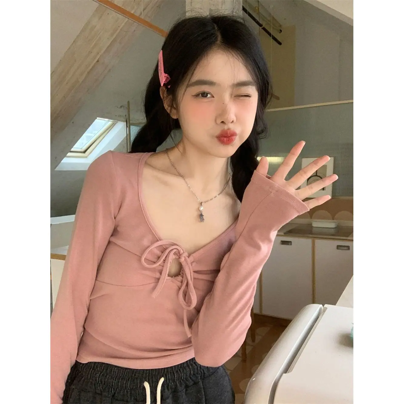 Soft Pure Desire V-Neck Long Sleeve T-Shirt Women's Autumn Base Shirt Slim Fit Short Style Sexy Hang Neck Top