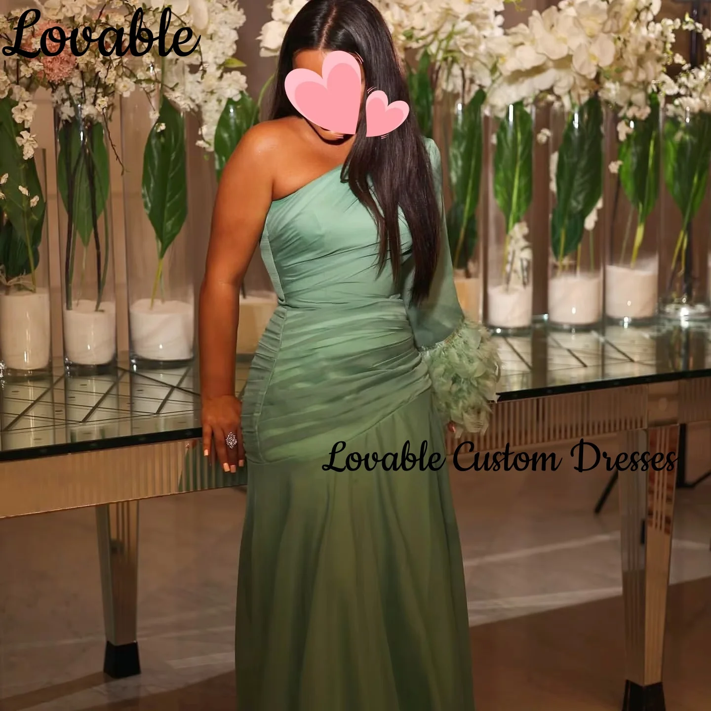 فستان حفلات الزفاف مخصص على شكل حرف a بكتف واحد بطول الأرض فساتين سهرة فاخرة من الشيفون بسحاب وأكمام طويلة Dre