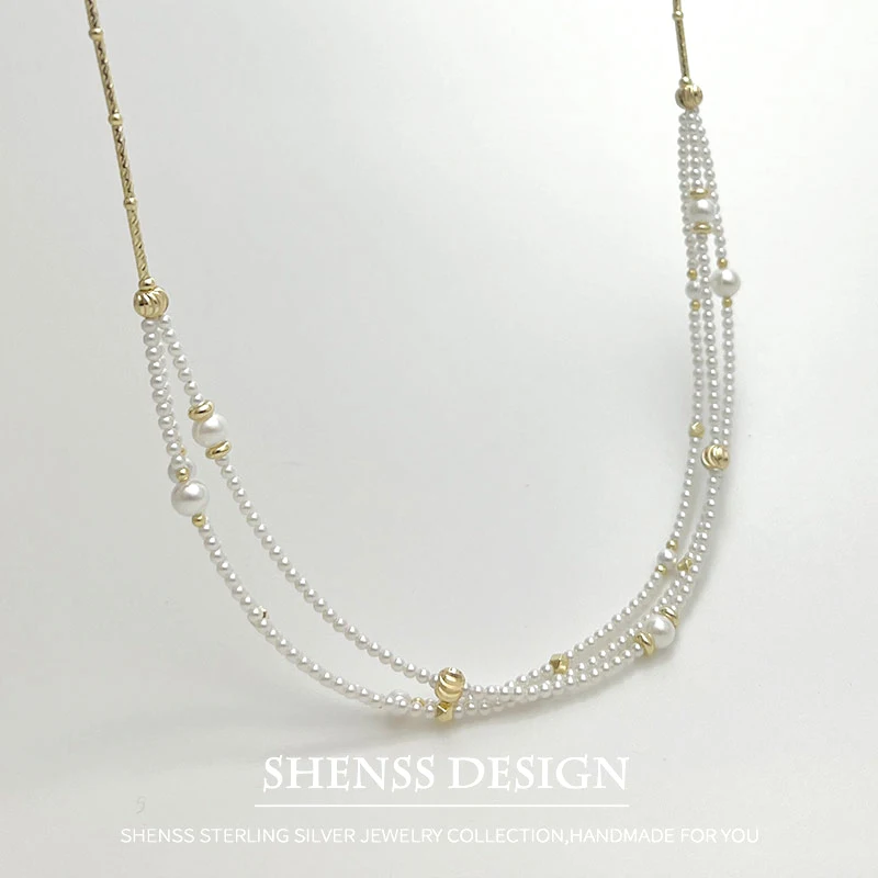 Exquisite Imitation Pearl Necklace Copper Plated 14K Gold Accessories Ultra-Fine Multi-layer 45cm + 10cm