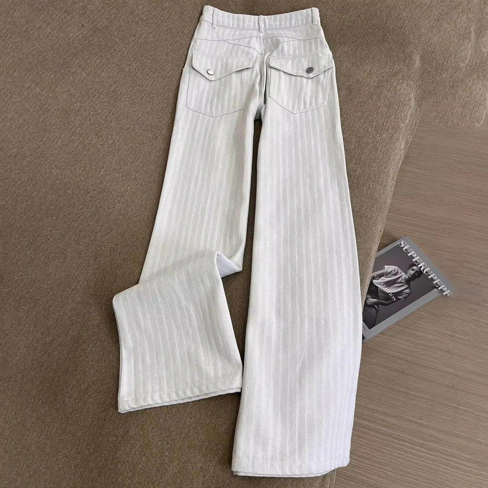 White Texture Flared Jeans for Women 2026 New Fashion High Waist Straight Loose Denim Pants with Pockets Daily Wear Trousers