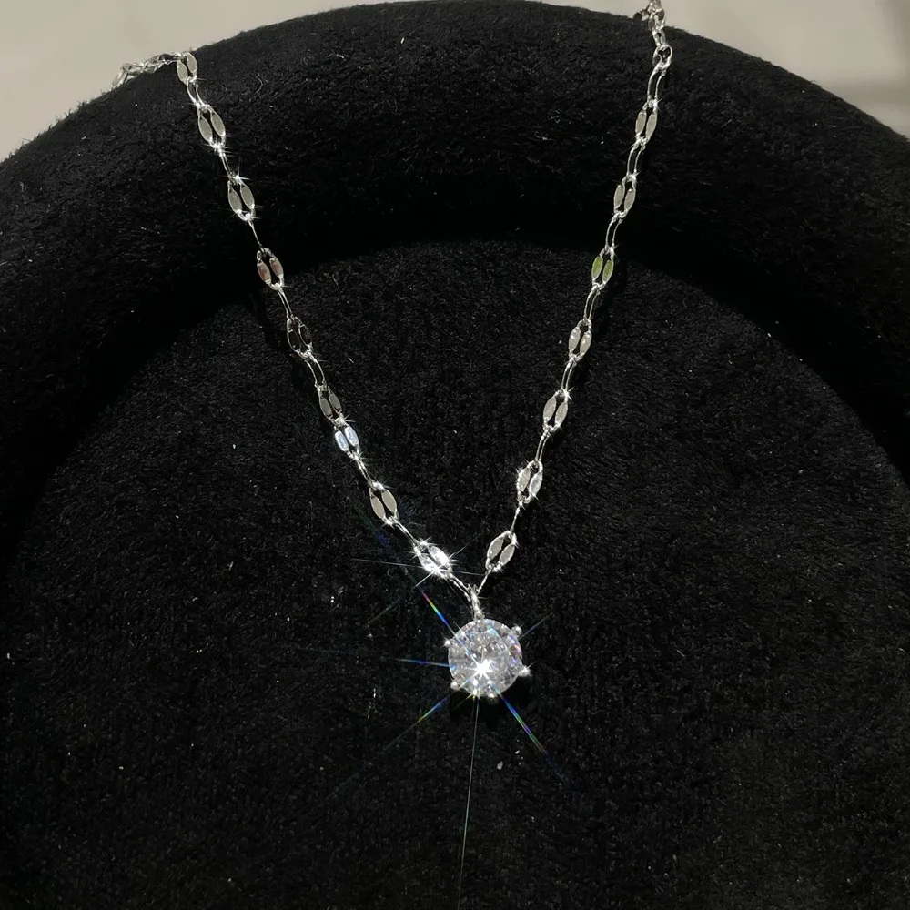 Classic Simple 925 Sterling Silver Six-claw Single Zircon Pendant Necklace for Women Trendy Collar Chain Daily Wear Jewelry Gift