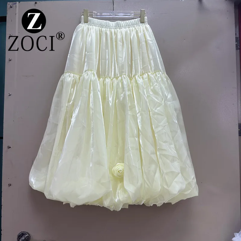 

[zoci] New Flowing Gauze Handmade Rose Flower Bud Pleated Large Swing Mid Length Skirt A2#8721