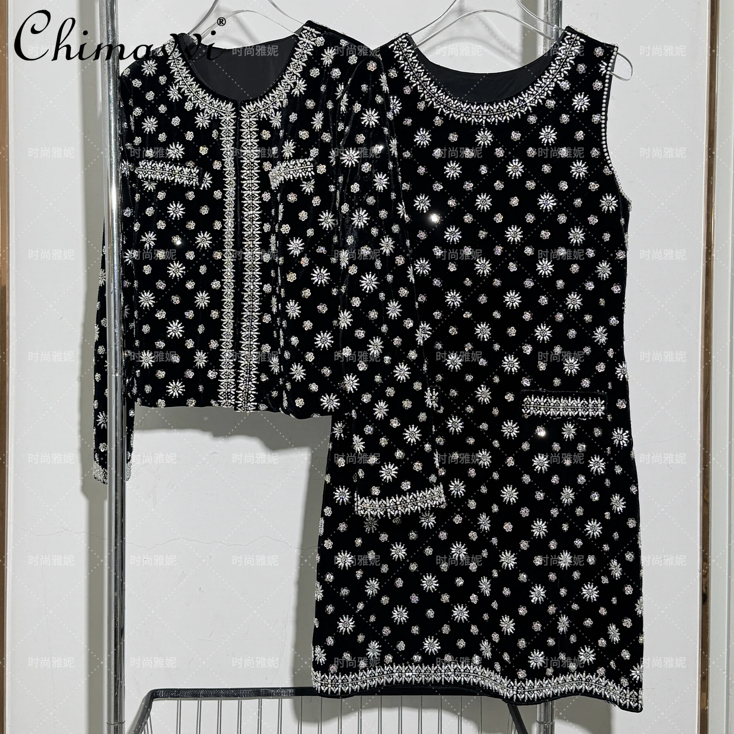 

Autumn New Fashion Palace Style Three-Dimensional Cut Beaded Sequin Pearl Cardigan Jacket Dress Party Women's Two-Piece Set