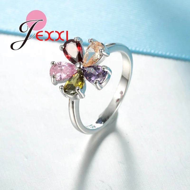Beautiful Flower Shape Colorful Crystal 925 Sterling Silver Women Wedding Engagement Rings Fashion Party Finger Jewelry