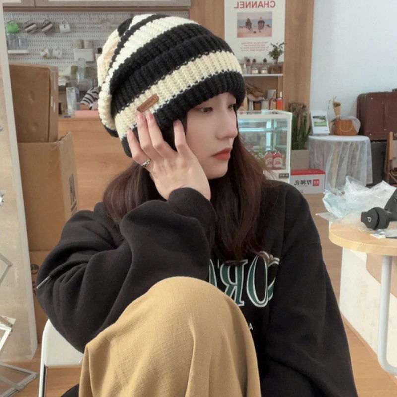 الشتاء قبعة تدفئة المرأة عادية مكدسة قبعة صغيرة محبوكة قبعة رجالية مخطط الهيب هوب للجنسين المرأة قبعة تسلق الجبال وشاح #6