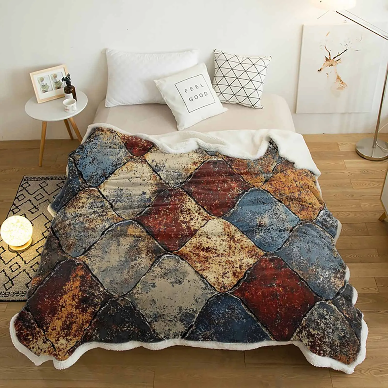 

Винтажное кашемировое одеяло с мозаикой и ржавчиной, теплое зимнее мягкое одеяло для кроватей, шерстяное одеяло, покрывало