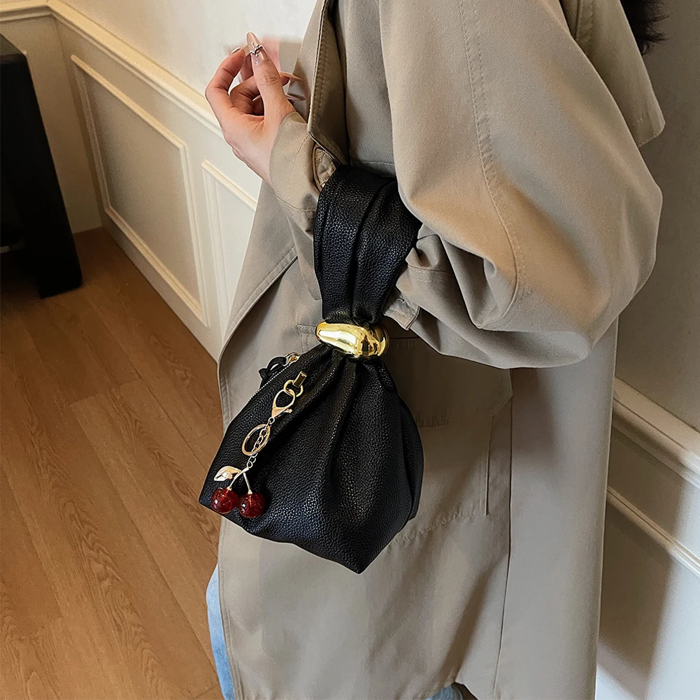 

Leather Wristlet Purse for Women with Pendant Small Handbag Solid Color Wristlet Pouch Bag Mini Bucket Bag for Daily Use