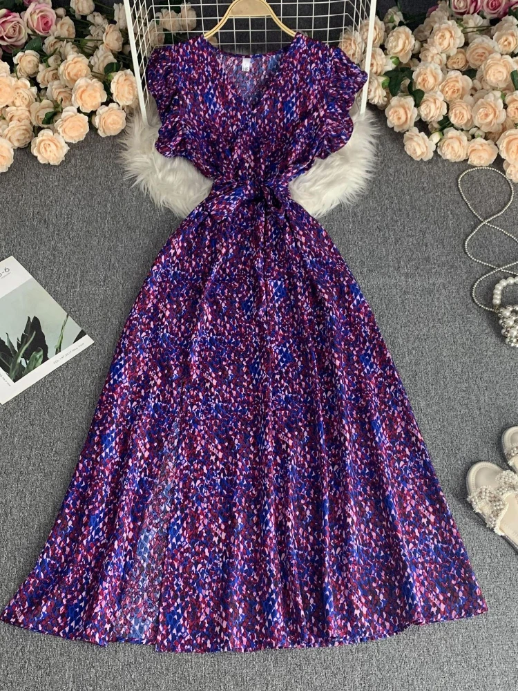 Women Elegant Vintage French V-neck Dress New Summer Pleat High Waist Slim Party Vacation Strap Dresses Vestidos