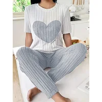 Autumn Winter Two-Piece Pajamas Set for Women Sleepwear Heart Print Round Neck Short Sleeve Long Pants Home Wear - Image 6