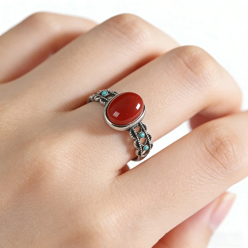 S925 sterling silver red agate ring, featuring a literary and retro ethnic style, aged and ancient-looking, suitable for the ind