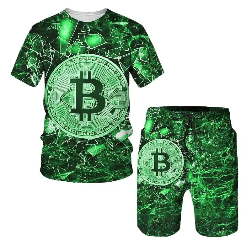 Bitcoin Pattern T Shirt Men 3D print Shorts 2Pcs Outfit Fashion Trend Summer Sports Sets Funny Streetwear Short Sleeve Tshirt