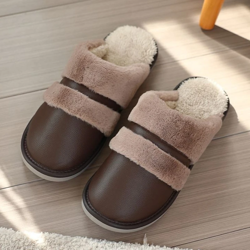 Winter Plus Size Men Cotton Slippers Large Size 46 48 50 Non Slip Waterproof Leather Indoor Home Warm House Shoes