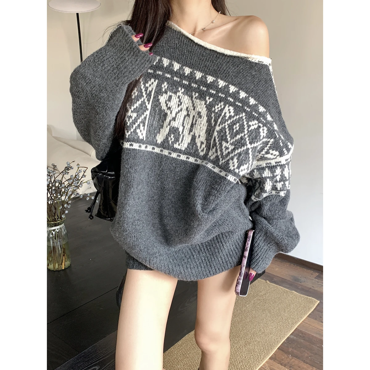 

Women Fair Isle Sweater Korean Lazy Sloping Shoulder Jacquard Loose Knit Top Autumn Winter