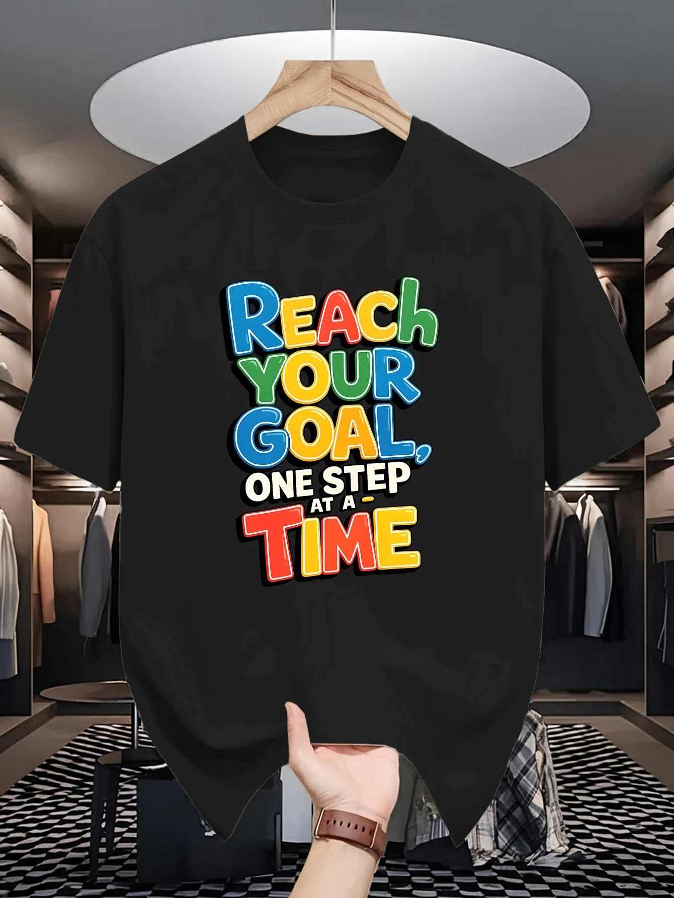 Reach Your Goal Motivational Slogan Print Mens Crew Neck T Shirt Color Letter Graphic Short Sleeve Casual Cotton Daily Tops