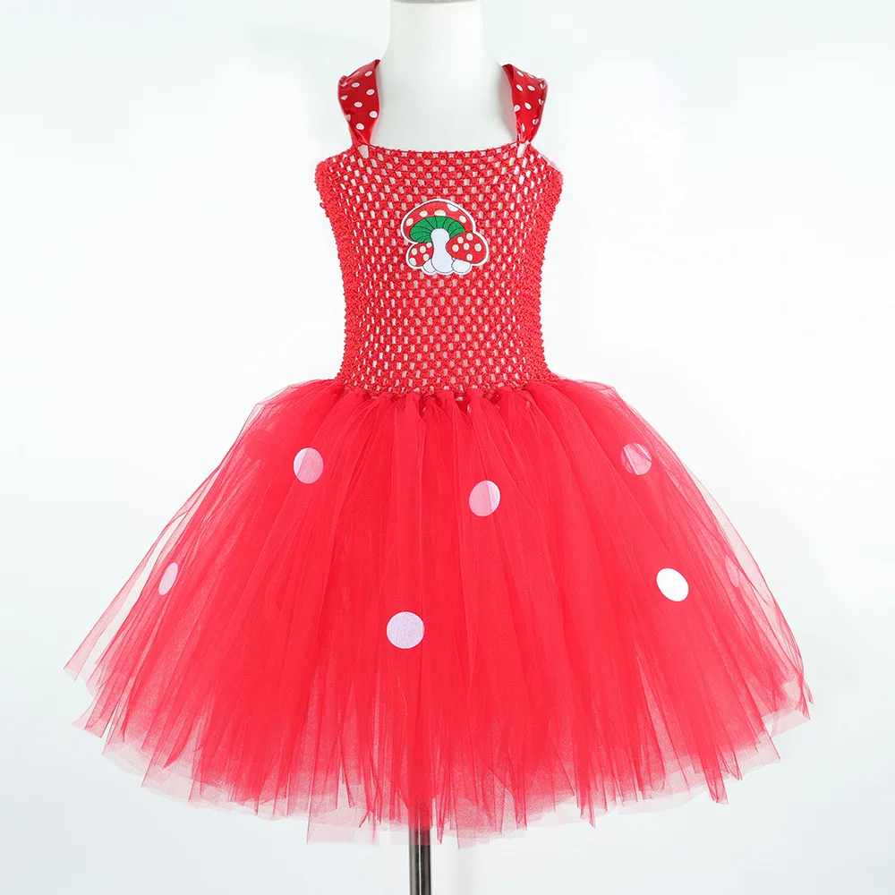 Halloween  Girls Red Mushroom Tulle Tutu Dress Children Bright Fluffy Skirt Christmas Attire Woven Mesh Airy Soft Fabric Outfit