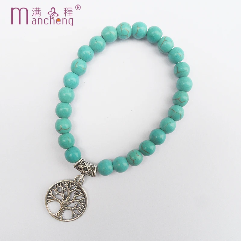 

Vintage Natural stone beads Turquoise conch circle cross wisdom Tree Peace Dove bird owl life Tree Bracelet Women men