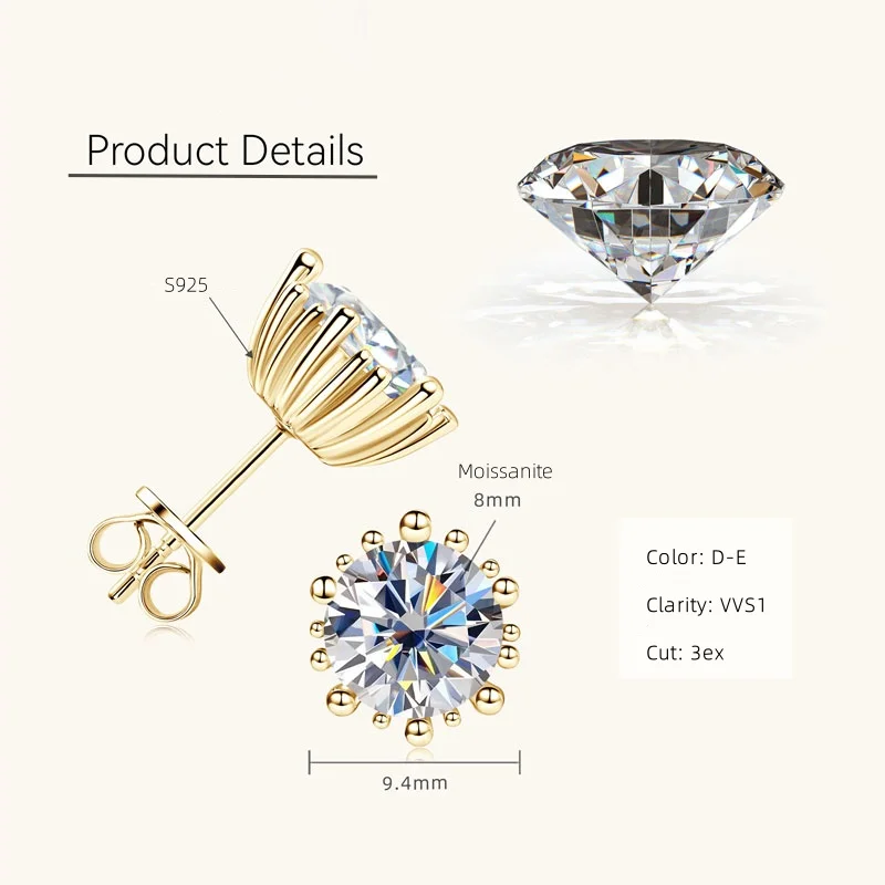 IOGOU Solitaire 8mm 2CT D Color Moissanite Diamond Stud Earring for Women Real 925 Sterling Silver 2025 New High Quality Jewelry