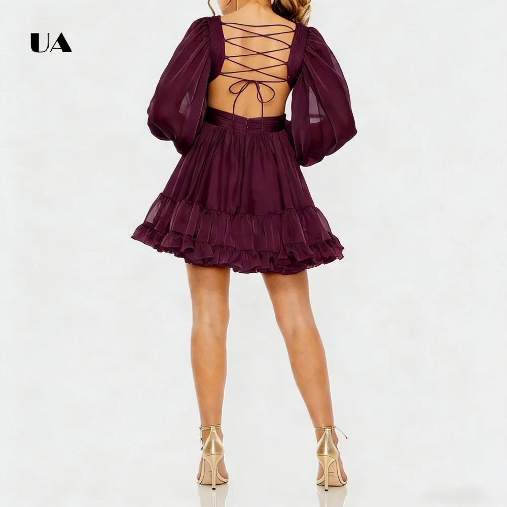 ULBYANRY Mini robe ajustée et évasée en mousseline de soie avec manches bouffantes col en v robe de soirée plissée découpée à lacets robe de soirée personnalisée