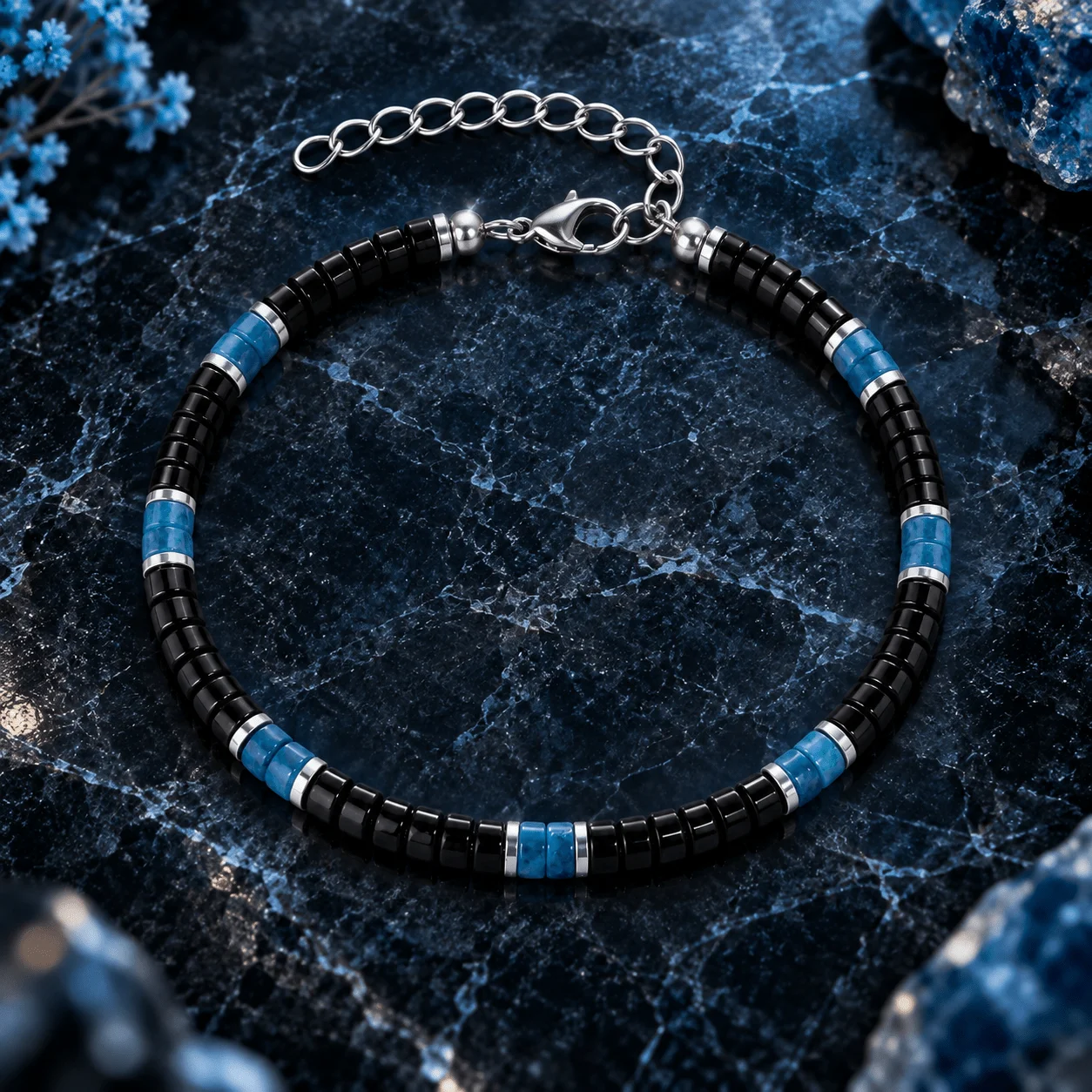 Natural black and blue dual tone agate elastic bead bracelet,classic style unisex versatile jewelry, daily matching,holiday gift