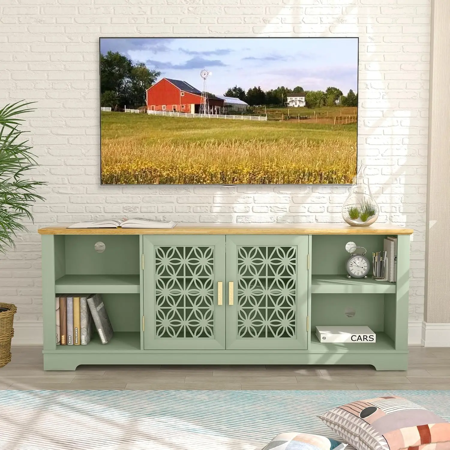 70 Inch TV Stand Entertainment Center with Front Glass Doors and Open Shelf for TVs up to 78