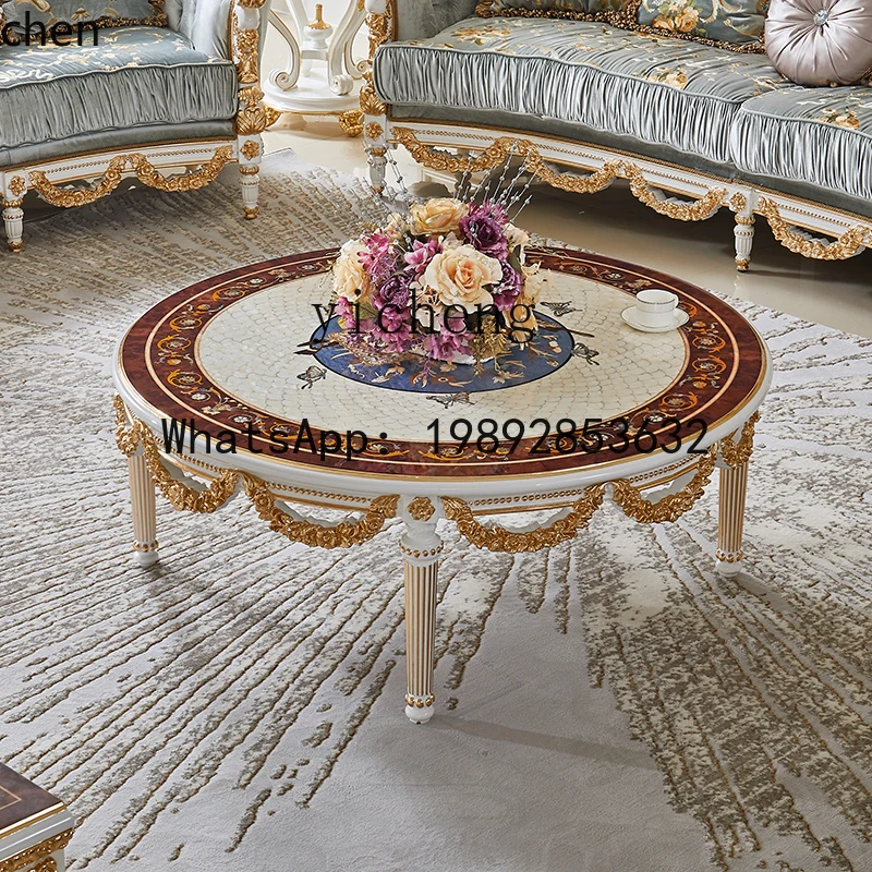 HT French round coffee table full solid wood carving flower coffee table living room home deep sea shell inlaid parquet