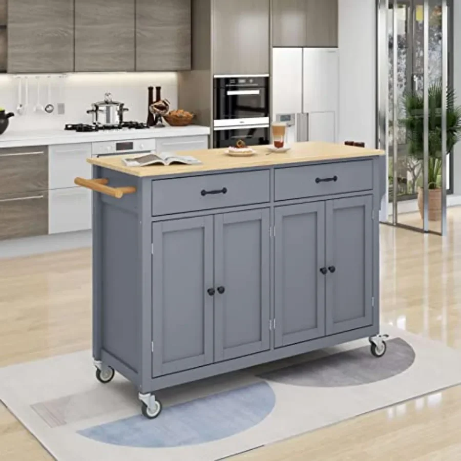 Kitchen island cart with solid wood top in natural finish: rolling serving cart with locking wheels, spice rack and towel rack