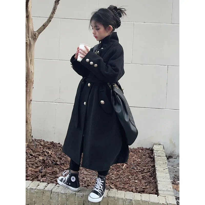 Teenage Girls Woolen Coat Jacket Overcoat 2024 Black Double-breasted Warm Thicken Winter Cotton Plus Size Children\'s Clothing