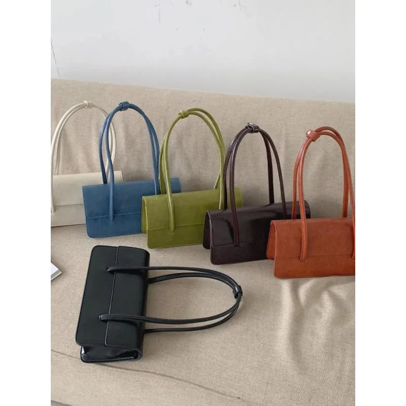 Design Large Capaci Oil Wax Leather Single Shoulder Commuter Tote Bag Casual Pure Color Square Shape