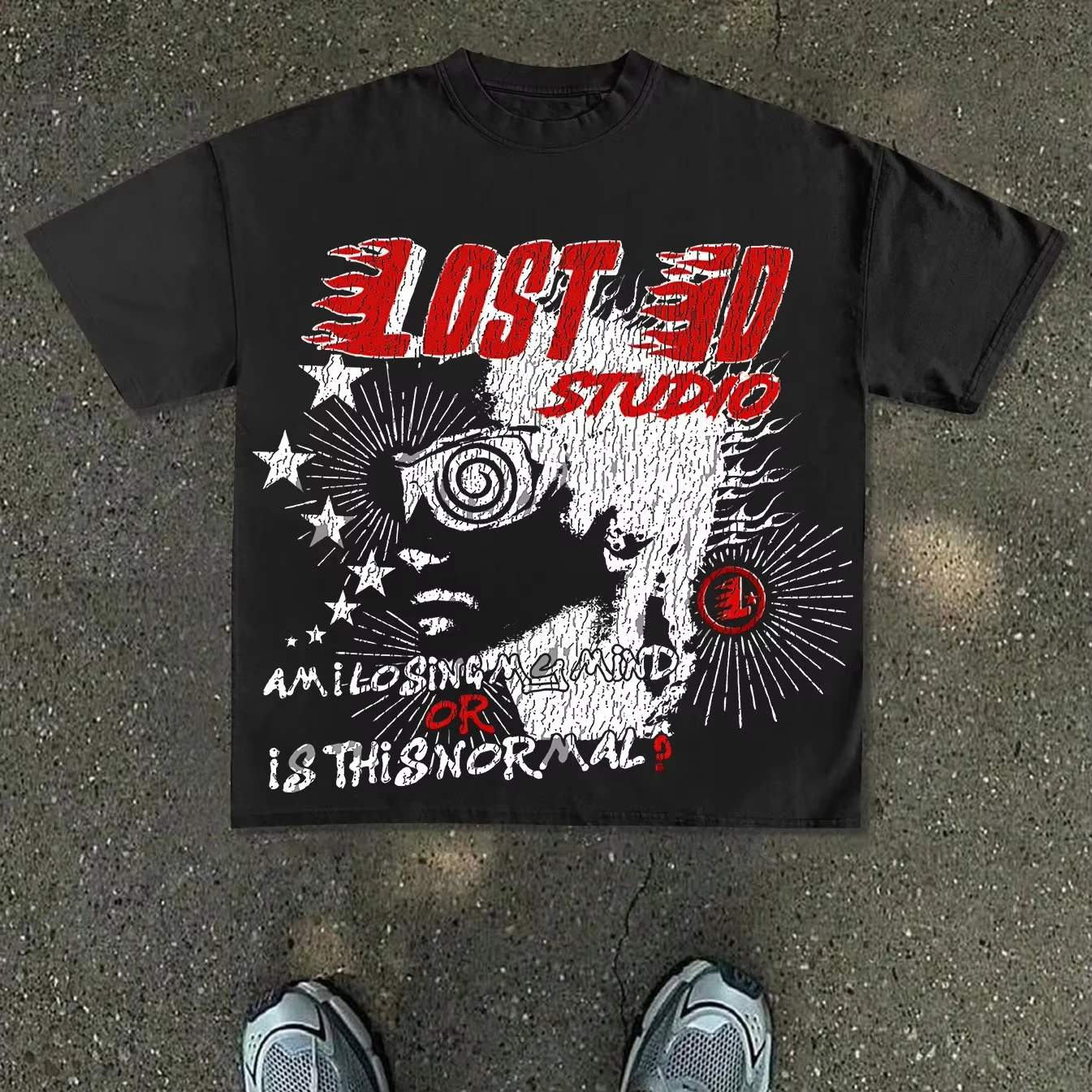 Men's White T-Shirt with Dark Streetwear Style & LOST STUDIO Graphic - Distressed Red, Spiral-Eye, Stars & Radial Lines