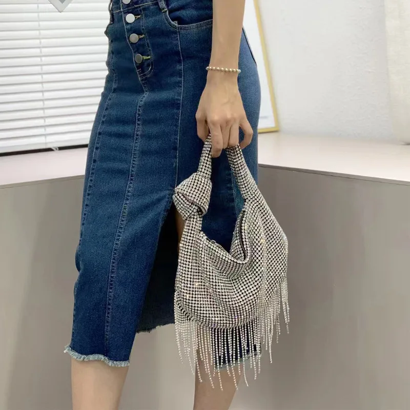 King Diamond Armpit Short Tassel Knotted Diamond Rhinestone Tote Bag New Bolsos De Diseñador Lujo Rhinestone Evening Banquet Bag
