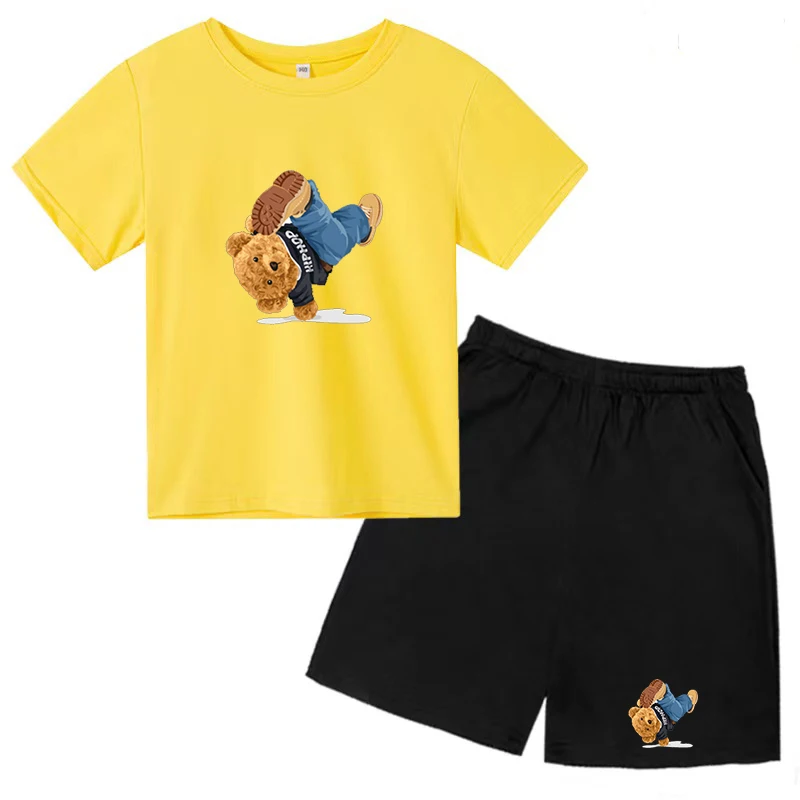 

Детская футболка, Милая забавная Футболка с принтом медведя для мальчиков и девочек, топ + шорты для дошкольного возраста, 2P, стандартный подарок на день рождения, повседневный модный спортивный комплект
