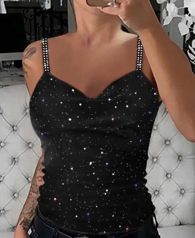 Women's Tops Sleeveless T-Shirt Sexy Rhinestone Glitter Cowl Neck Cami Top 2024 Summer T2K Clothes