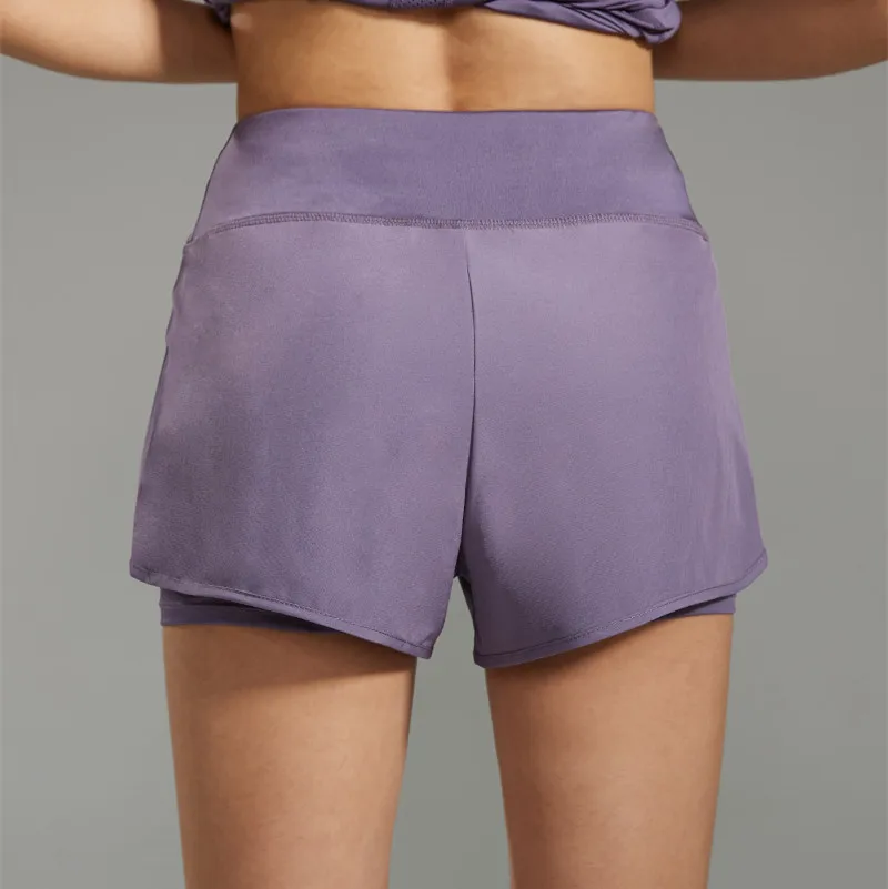 Women High Elastic Sports Shorts Mock Two Piece Anti Exposure Yoga Shorts With Liner Pocket For Running Cycling Outdoor