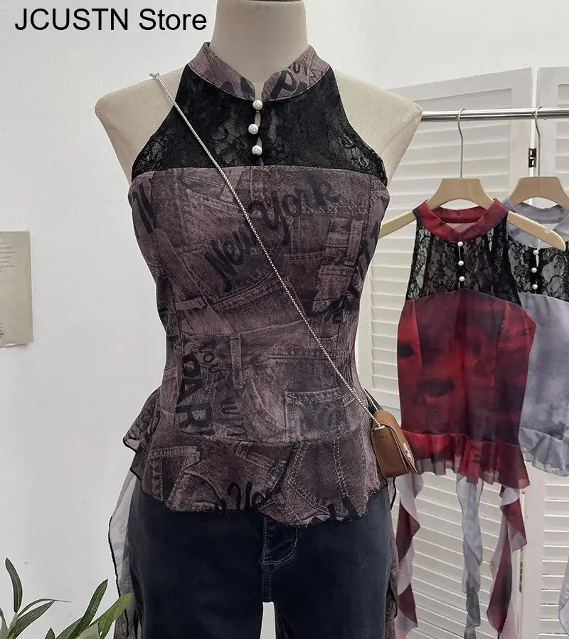 Vintage Lace Patchwork Cheongsam Top Women Sexy Tank Tops Sleeveless Tie Dye Mesh Irregular New Chinese Style Improved Vest