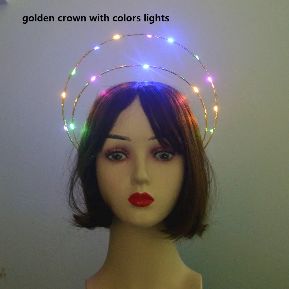 LED Light Up Glowing Women Girls Pearl Angel Bridal Silvery Gold Halo Headband Goddess Crown Photoshoot Hair Band  Christmas