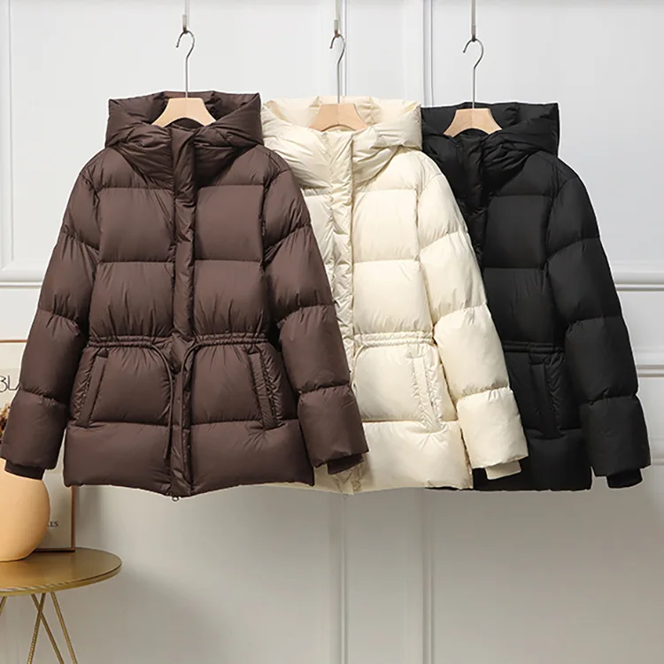 

White Duck Down Mid-Length Parka Women Belted Down Jacket Winter New Women's Thick Midweight Puffa Jacket with Hood