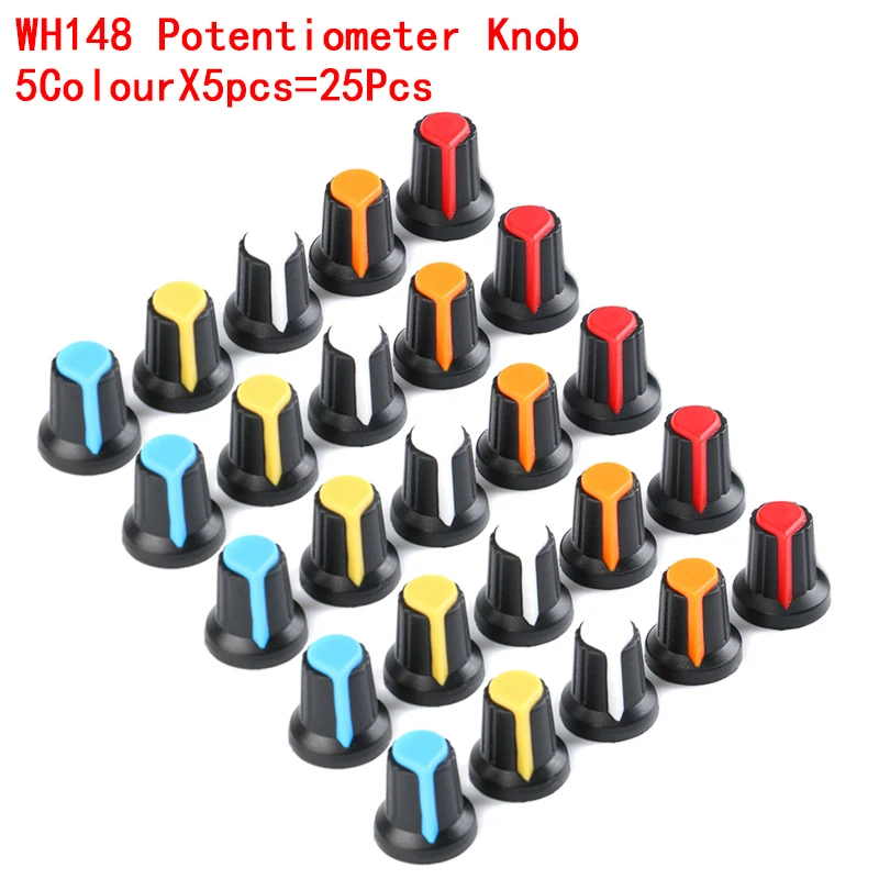 25 sztuk 5 kolorów WH148 nakładka na pokrętło potencjometru (rdzeń miedziany) 15X17mm 6mm otwór na wał AG2 żółty pomarańczowy niebieski biały czerwony 5 kolorów * 5 sztuk = 25 sztuk