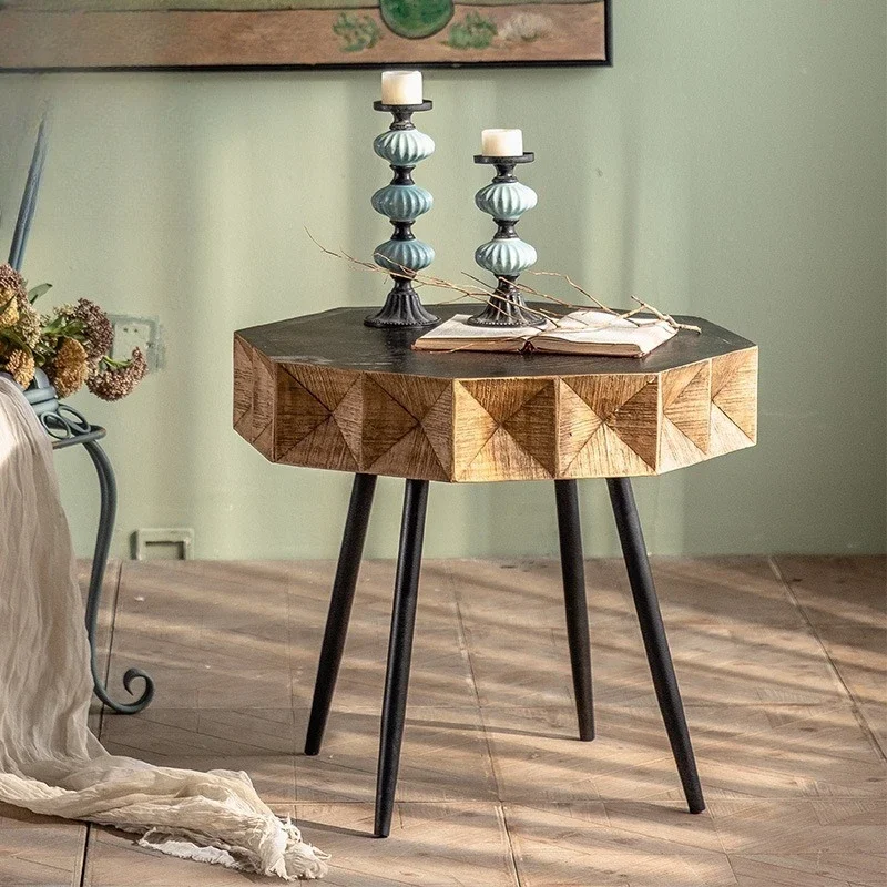 Mesa redonda pequeña de madera maciza retro americana, cama y desayuno, sofá para sala de estar, mesa de centro pequeña, modelo de habitación y balcón