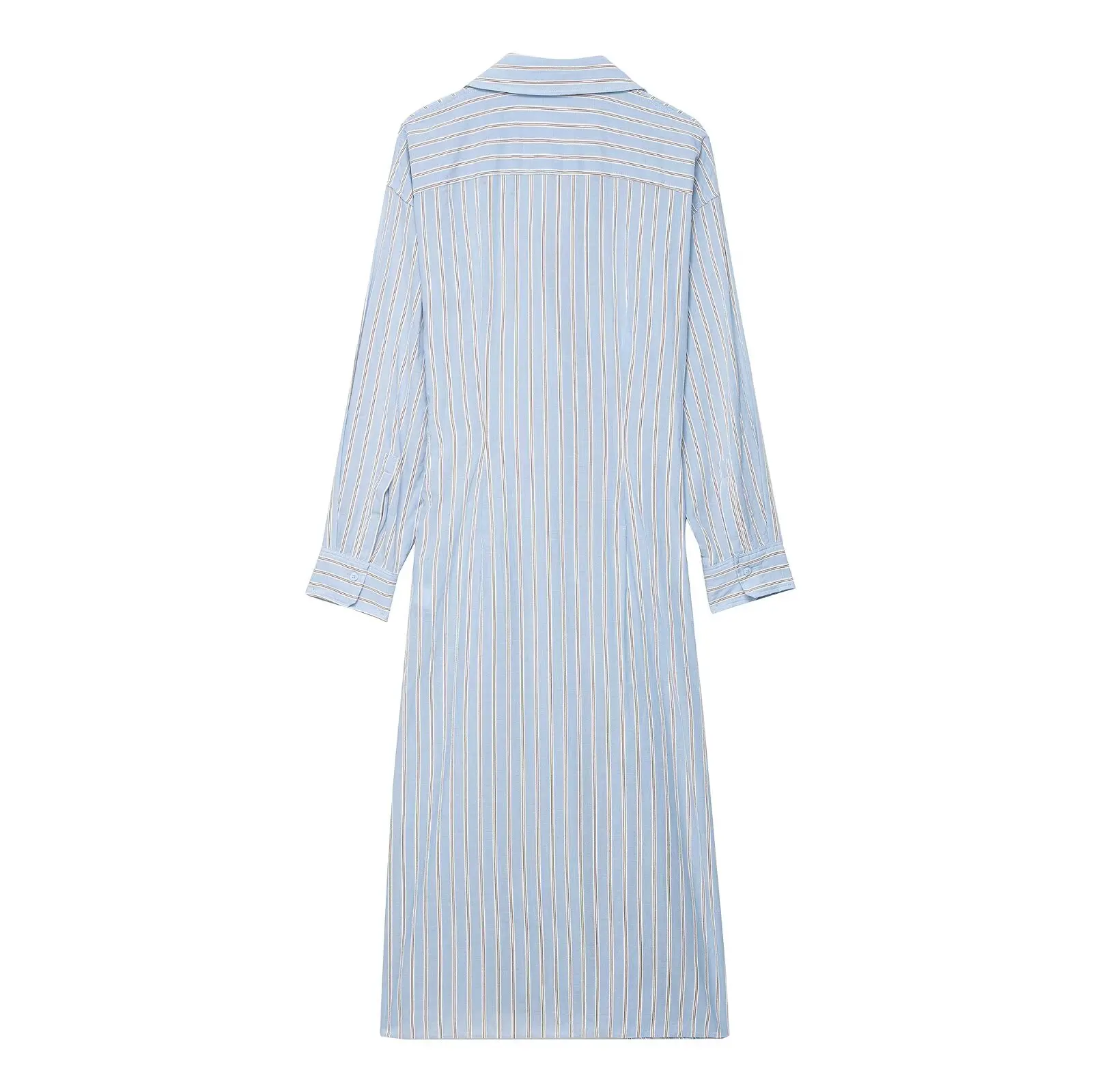 2025 women's autumn new casual loose lapel long-sleeved shirt-style striped double-breasted mid-length dress