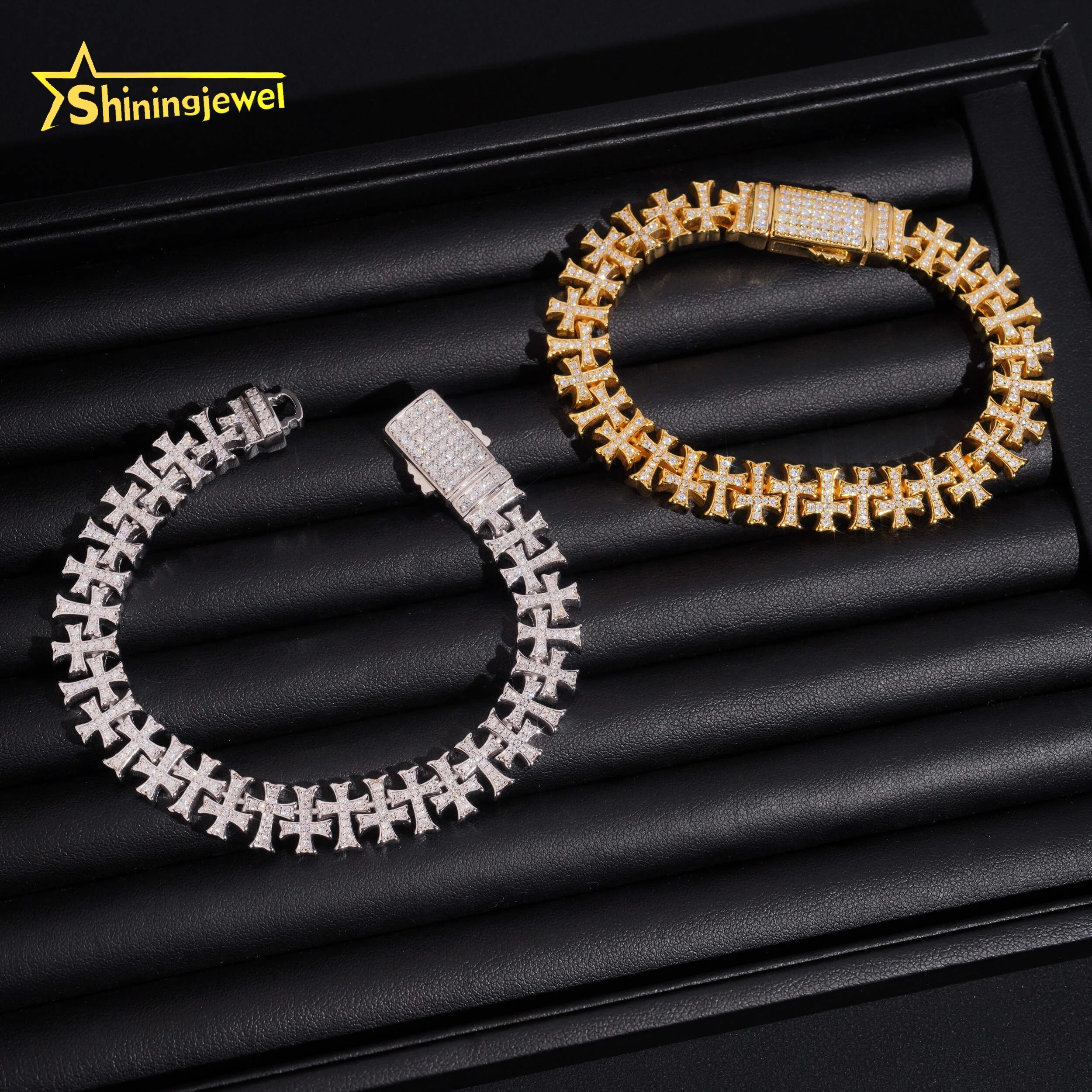 Test Pass Diamond Moissanite Iced Out Cross Bracelet 925 Sterling Silver Gold Plated Hip Hop Jewelry Cuban Men's Bracelet.