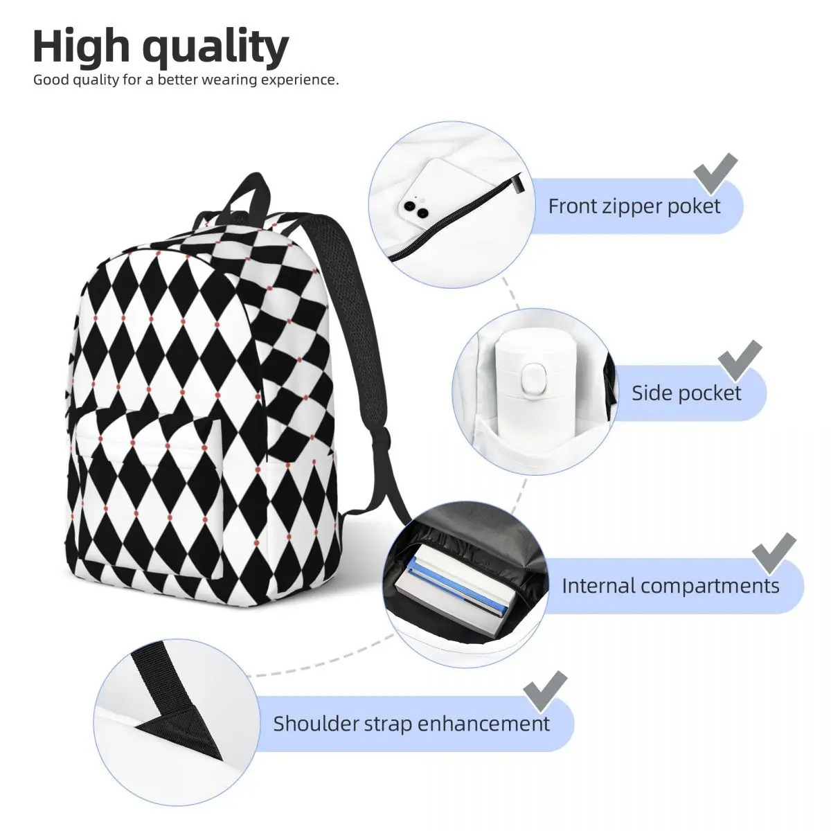 Mochila informal de Harlequin con bolsillo para hombre y mujer, bolsa de hombro para ordenador portátil, tarjetas de viaje, senderismo, póker